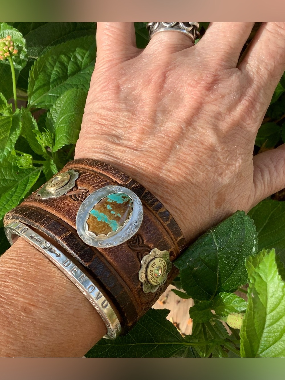 Leather cuff with turquoise, up to 6 1/2” wrist